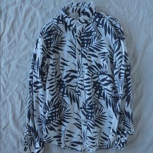 Men's Navy and White Leaf Print Button-Up Shirt